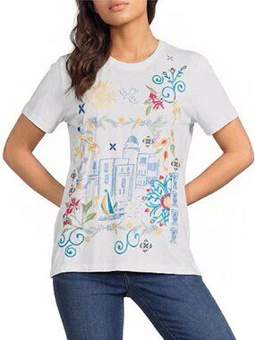 Johnny Was Santorini Crew Short Tee White Cotton Shirt Floral Embroidery Top NEW